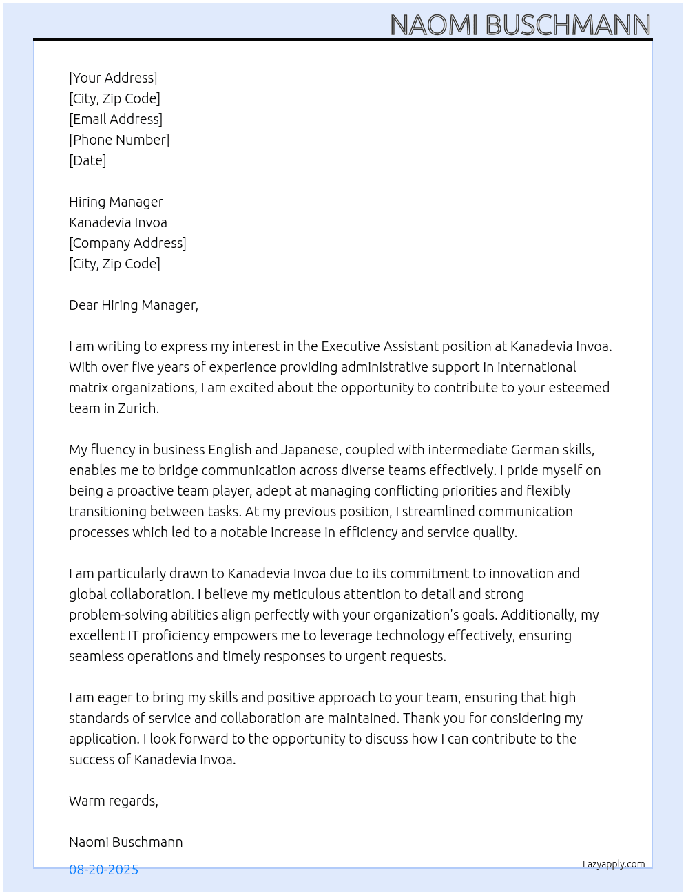 Executive Assistant At Kanadevia Invoa Cover Letter