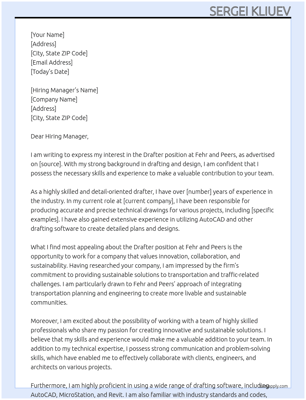 Drafter At Fehr and Peers Cover Letter