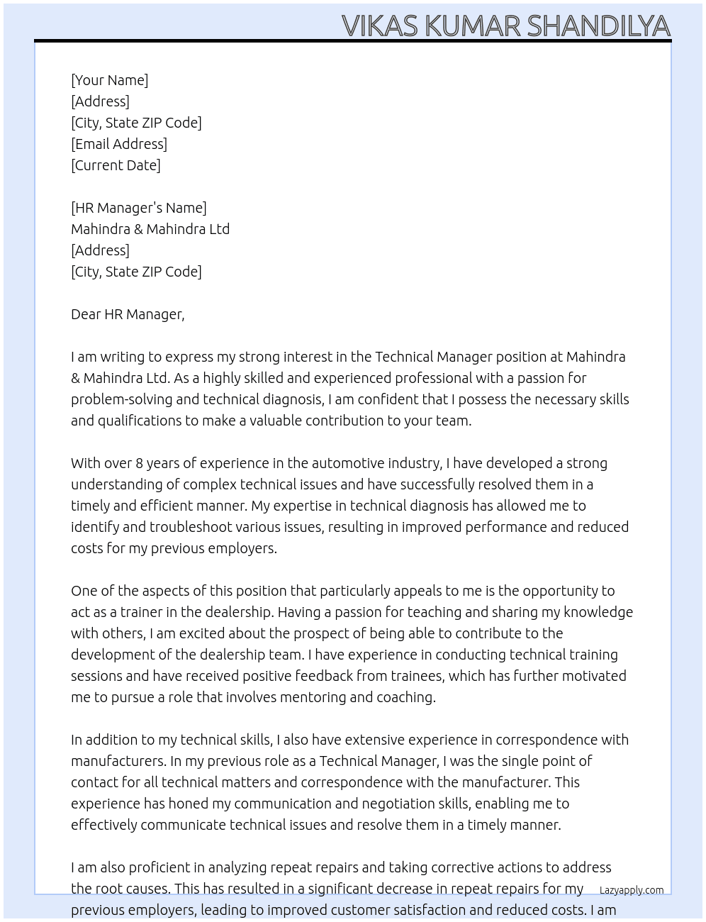 Technical Manager At Mahindra & Mahindra Ltd Cover Letter