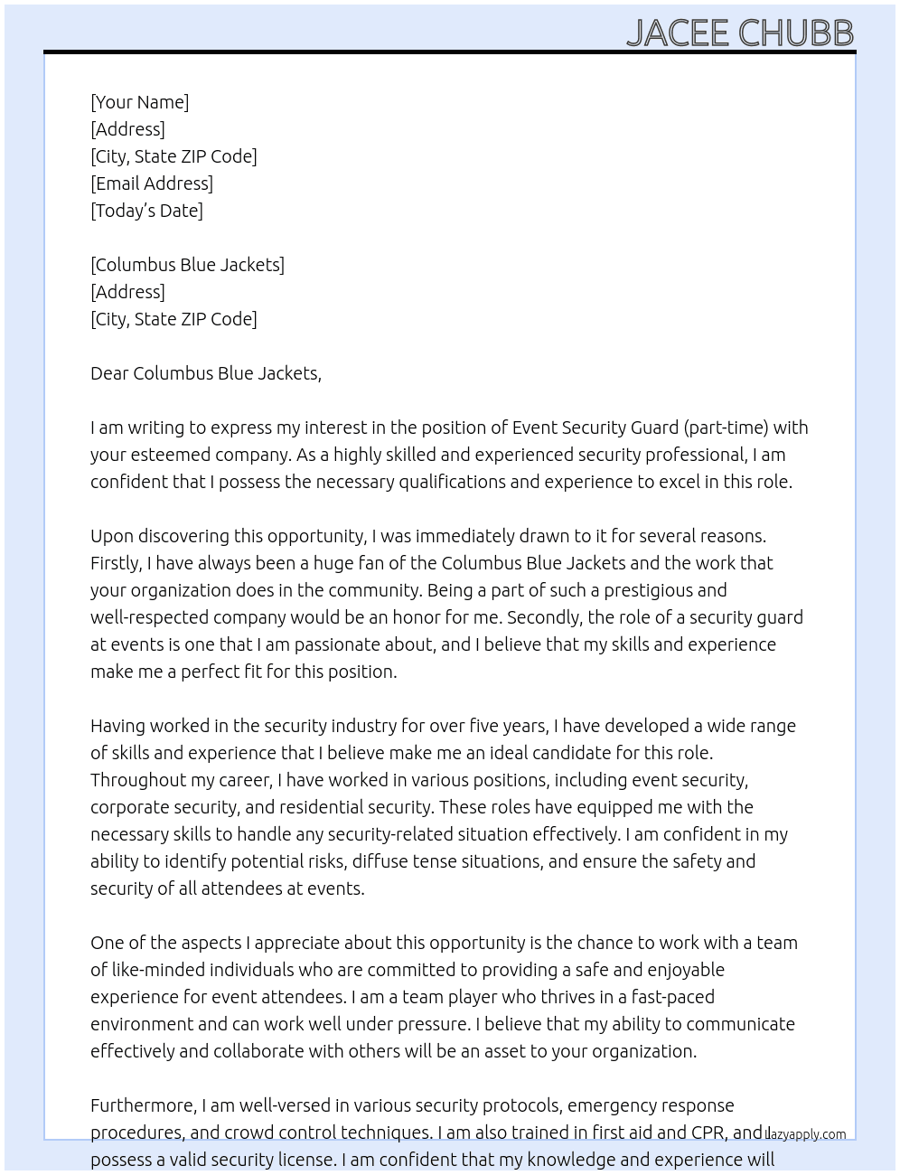 Security At Event Security Guard (part time)  Cover Letter