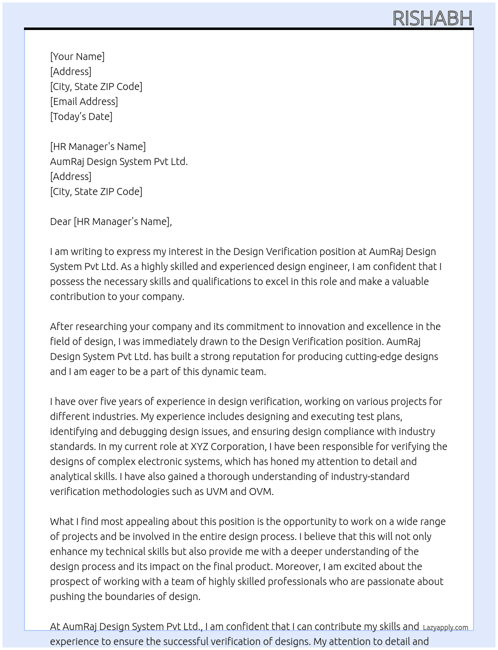 Design verification  At AumRaj Design System Pvt Ltd. Cover Letter