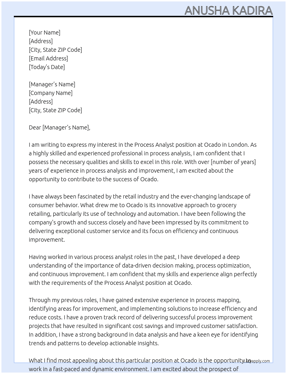 Process Analyst At Ocado Cover Letter