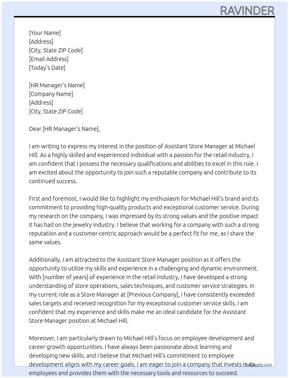 Assistant store manager At Michael Hill  Cover Letter