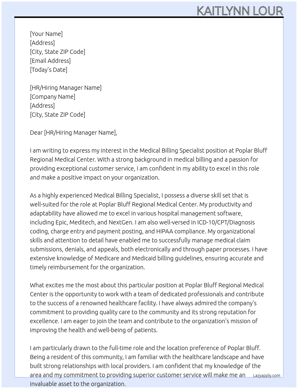 Medical Billing Specialist At Poplar Bluff regional medical center Cover Letter
