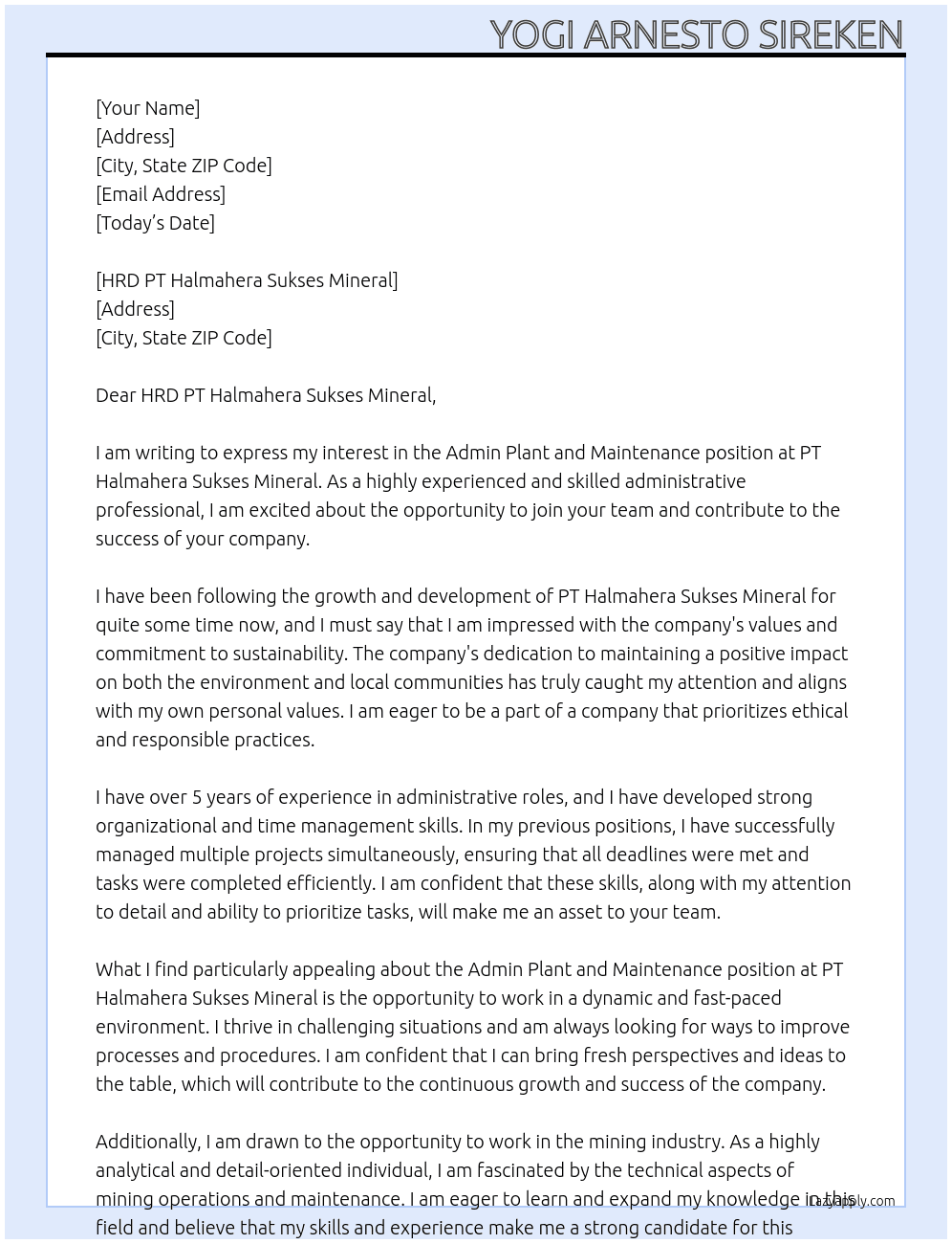 Admin Plant and Maintenance At PT Halmahera Sukses Mineral Cover Letter