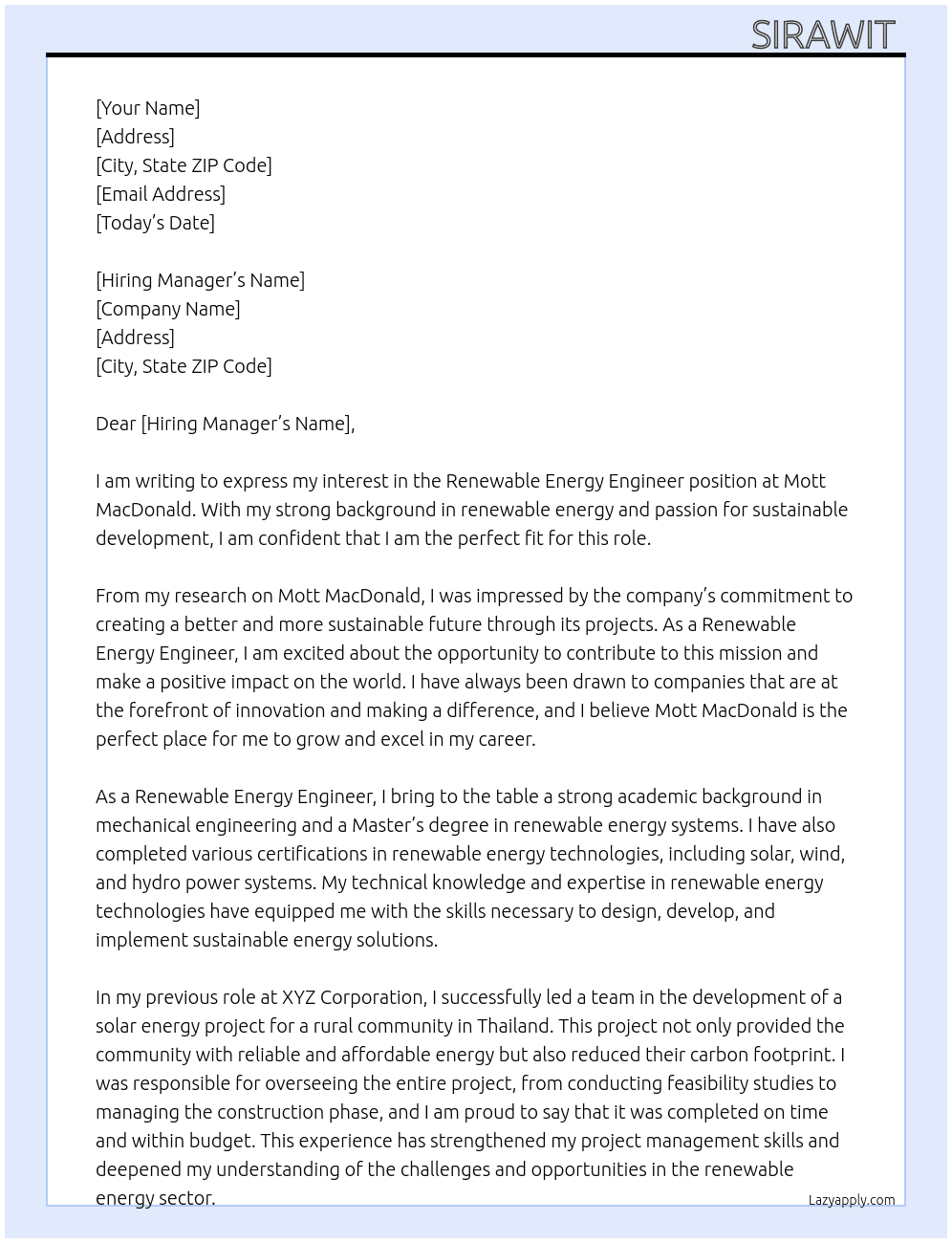 Renewable Energy Engineer At MOTT MACDONALD Cover Letter