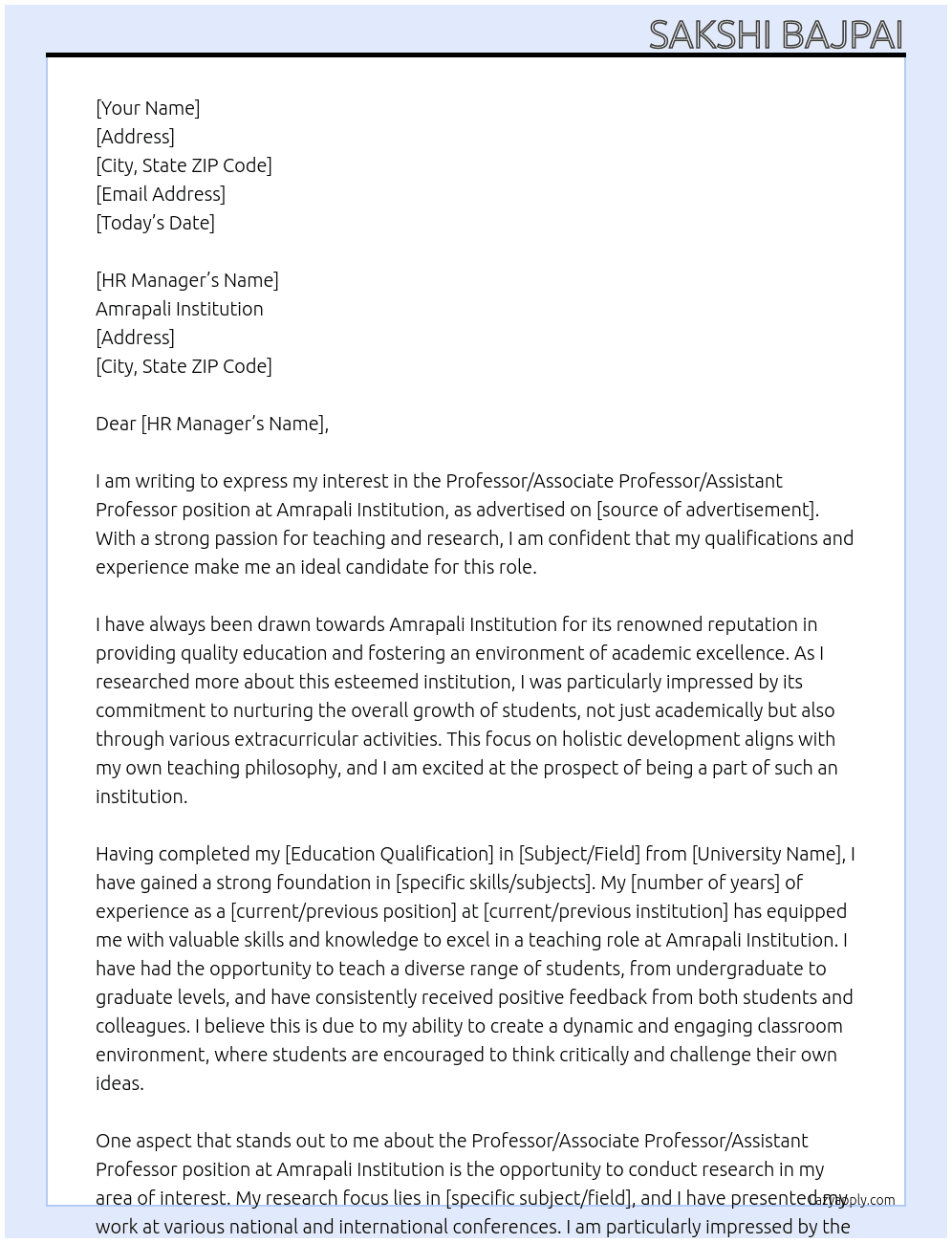 Professor/Associate Professor/Assistant Professor At Amrapali institution Cover Letter