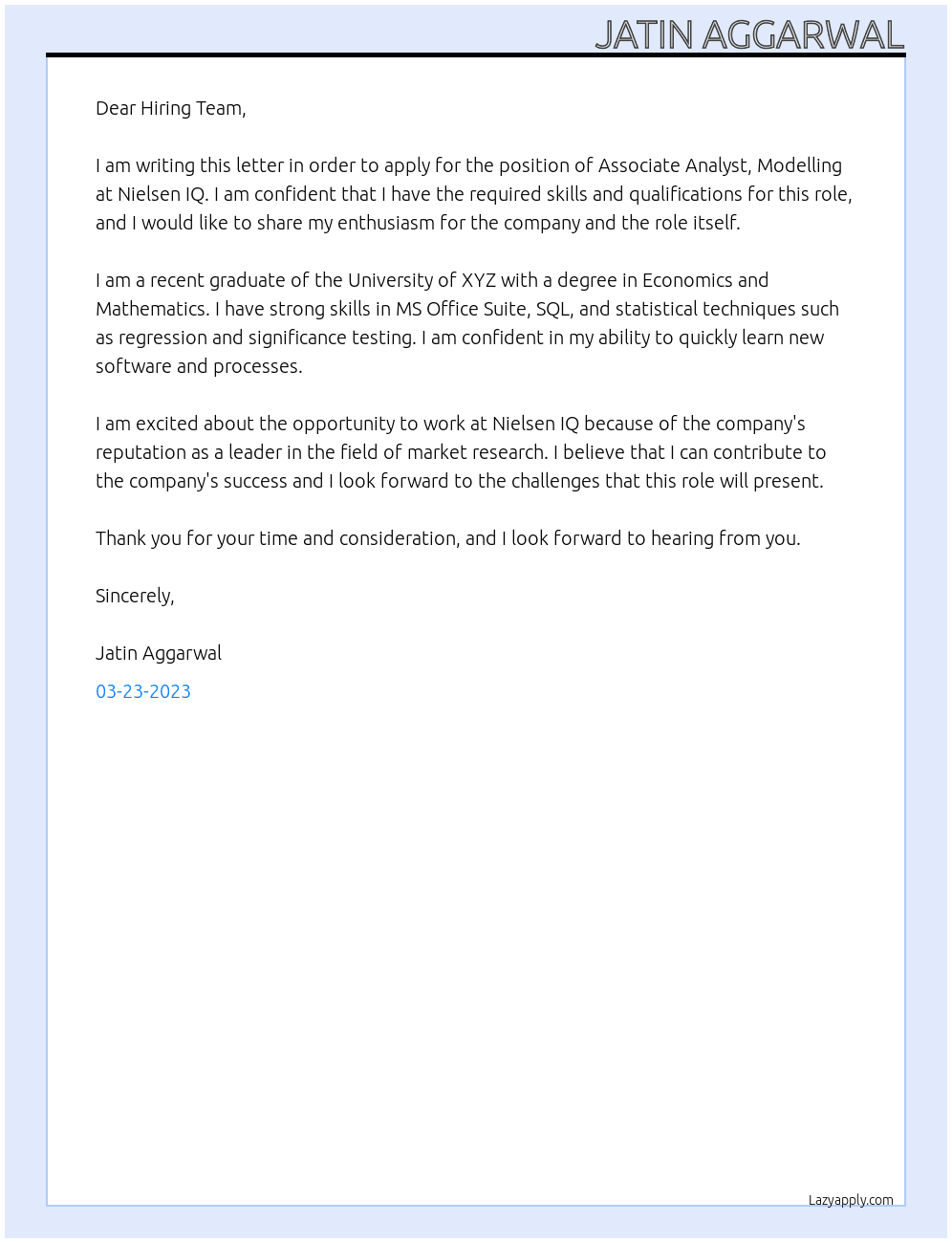 Associate Analyst, Modelling At Nielsen IQ Cover Letter