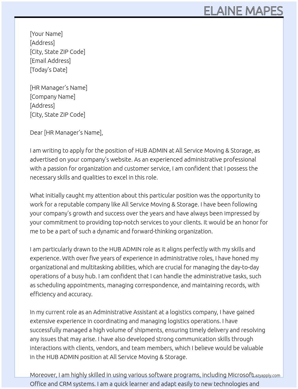 HUB ADMIN At All Service Moving & Storage Cover Letter