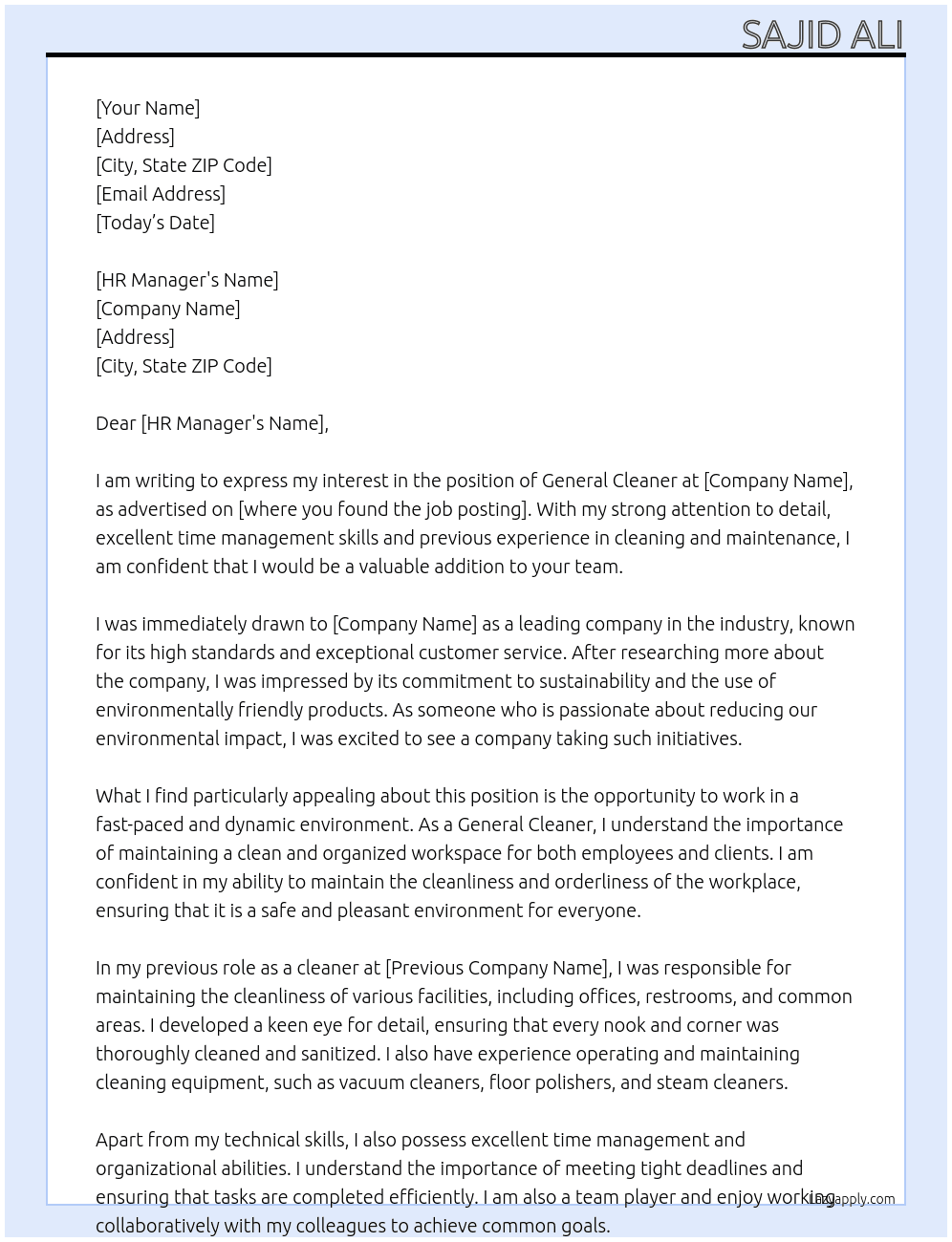General Cleaner At Sajid Cover Letter