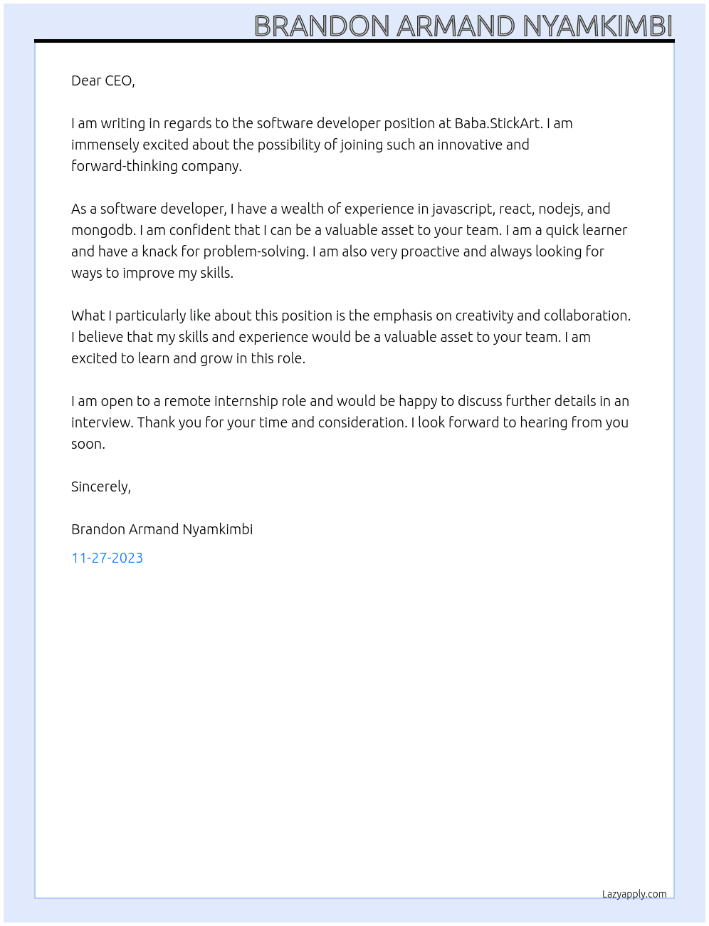 software developer At Baba.StickArt Cover Letter