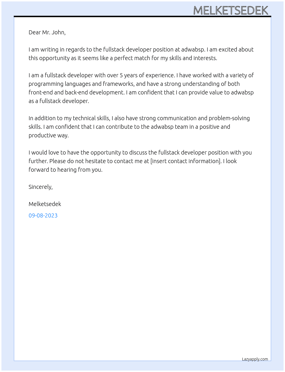 fullstack developer At adwabsp Cover Letter