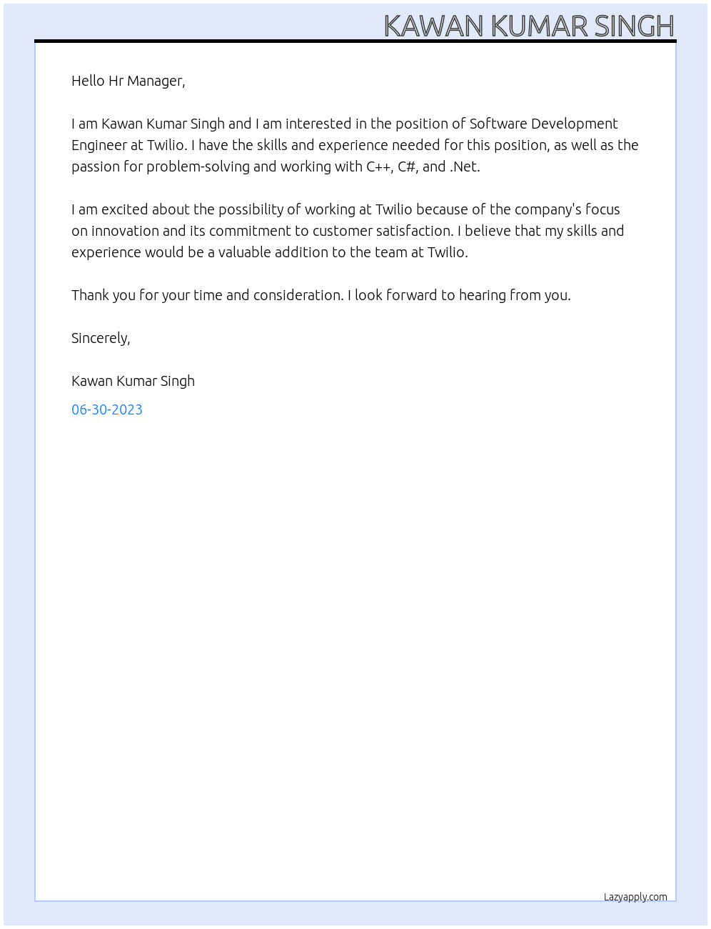 Software Development Engineer At Twilio Cover Letter