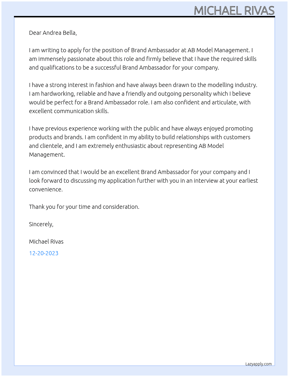 Brand Ambassador  At AB Model Management  Cover Letter