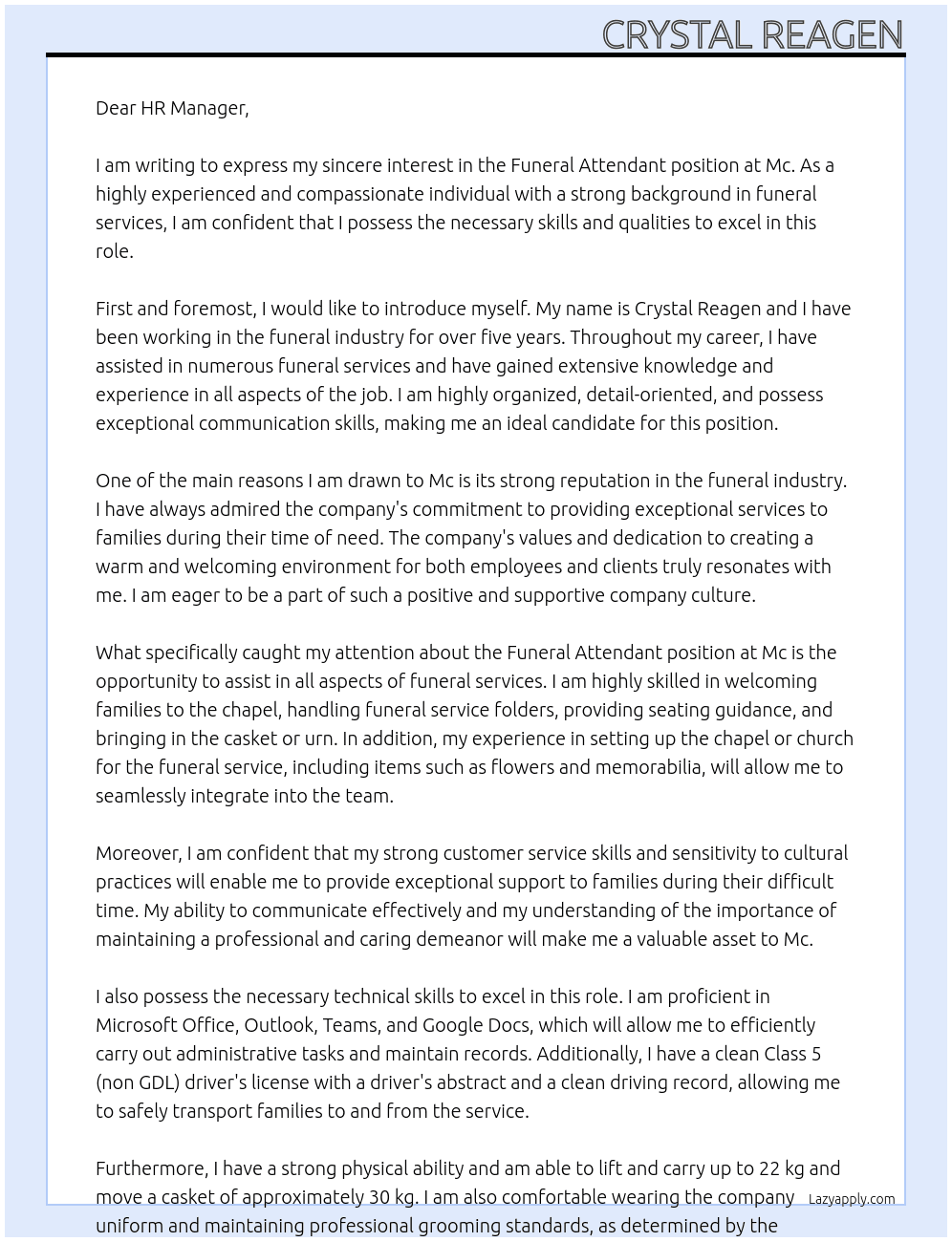 Funeral Attendent  At Mc Cover Letter