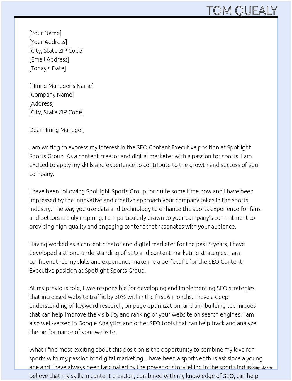 SEO Content Executive At Spotlight Sports Group Cover Letter