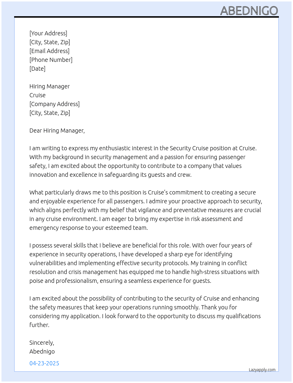 Cover letter for security cruise - LazyApply