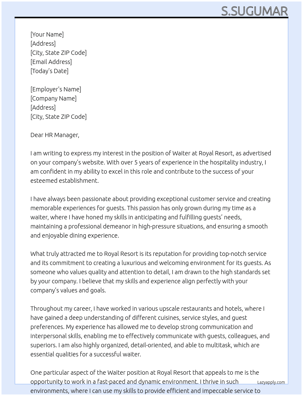 Waiter At Royal Resort  Cover Letter