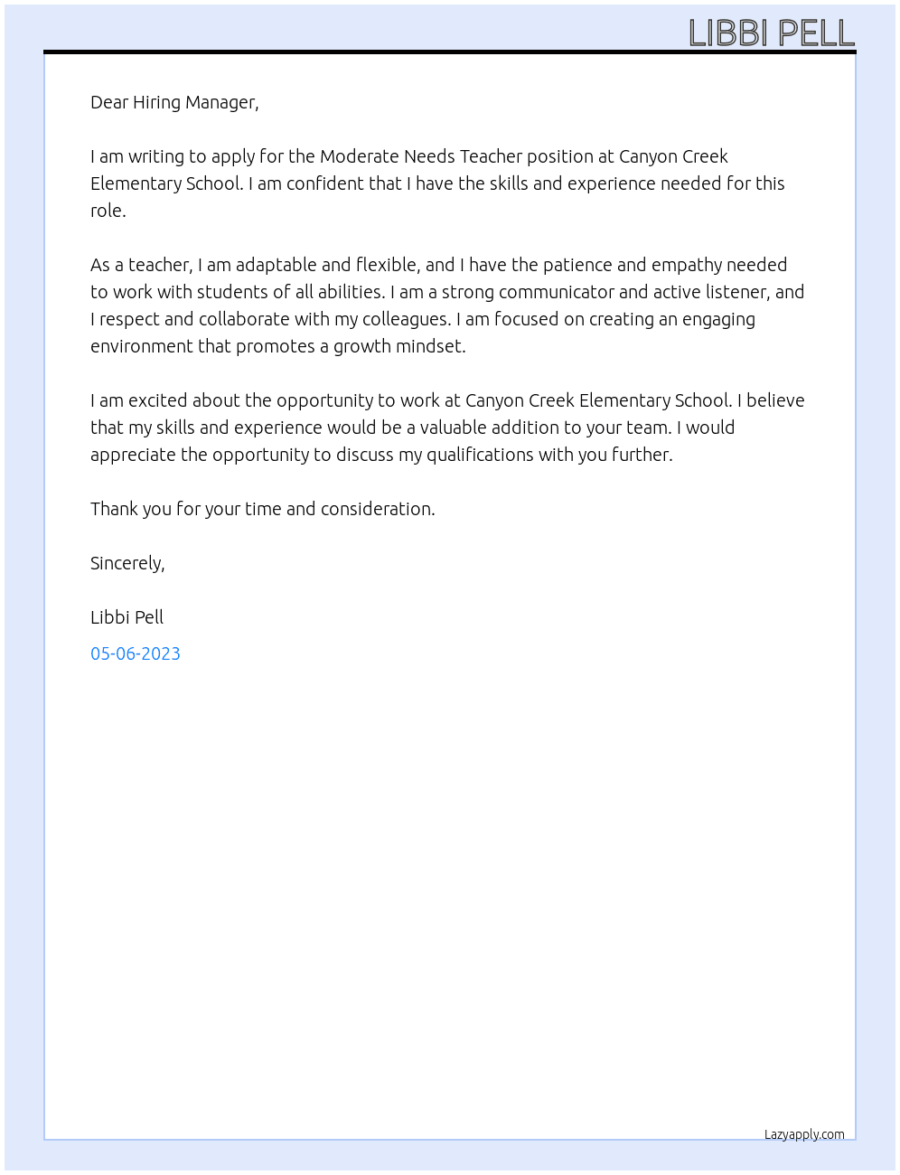 Moderate Needs Teacher At Canyon Creek Elementary School Cover Letter