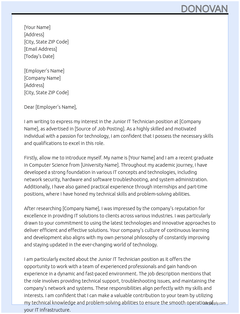 Junior IT Technician At Test Cover Letter