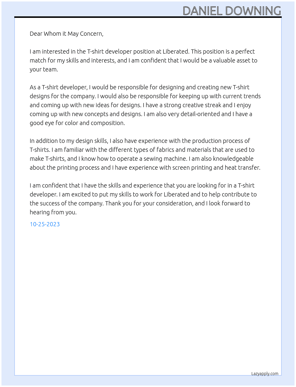 T-shirt developer At Liberated Cover Letter