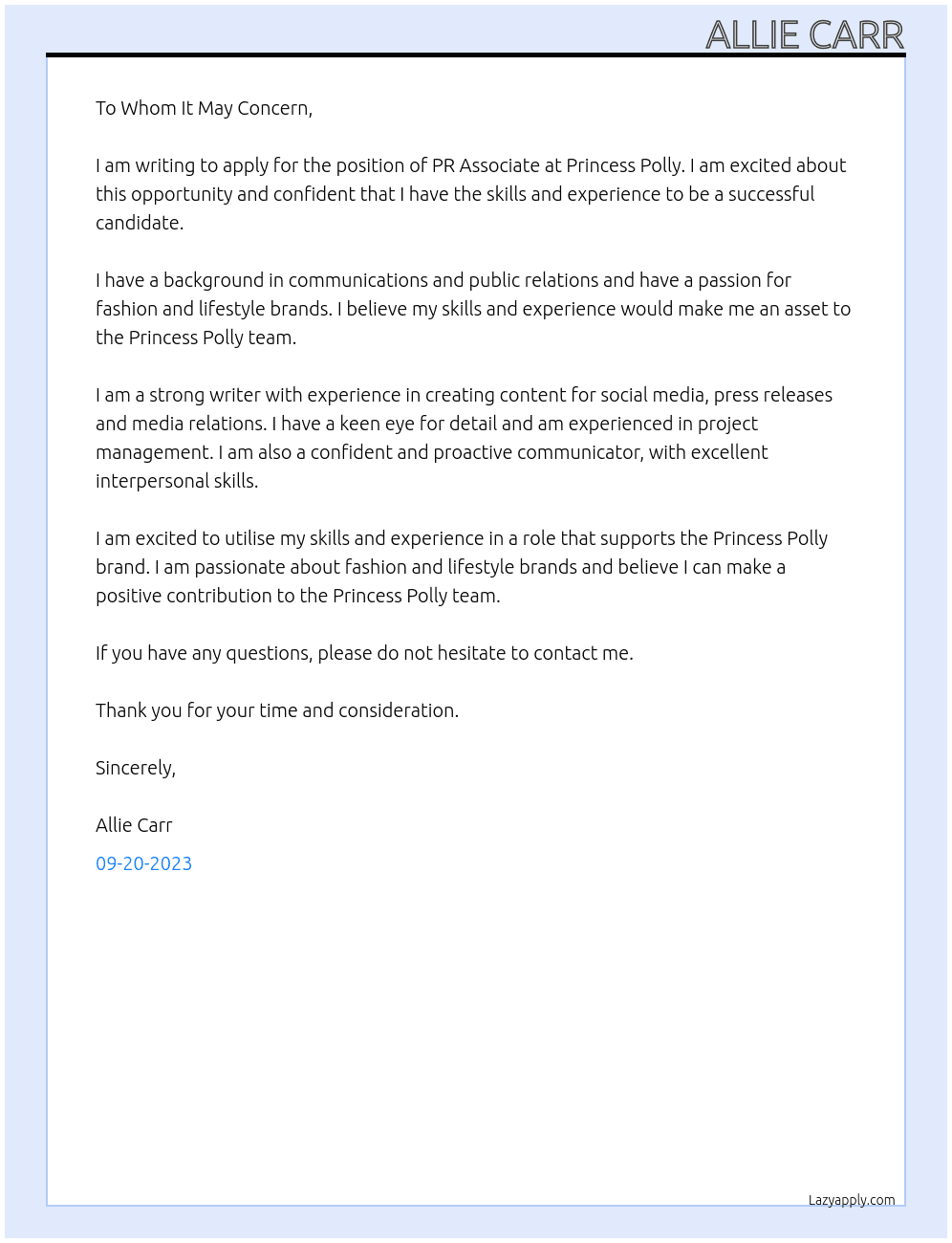 PR Associate At Princess Polly Cover Letter