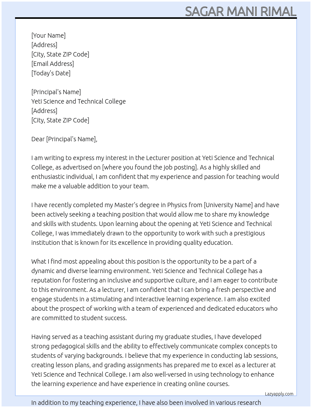 lecturer At Yeti science and technical xollege Cover Letter