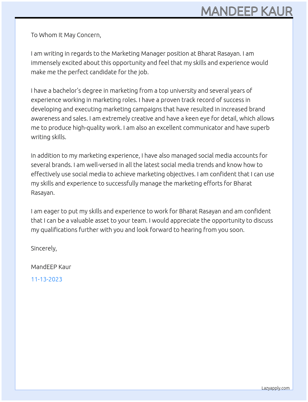 MARKETINGM MANAGER At BHARAT RASAYAN Cover Letter