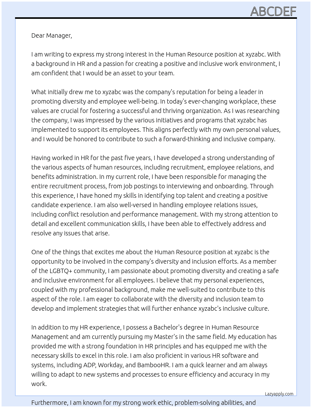 Human Resource At xyzabc Cover Letter