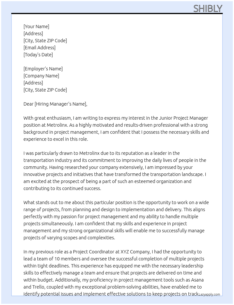 Junior Project Manager At Metrolinx Cover Letter