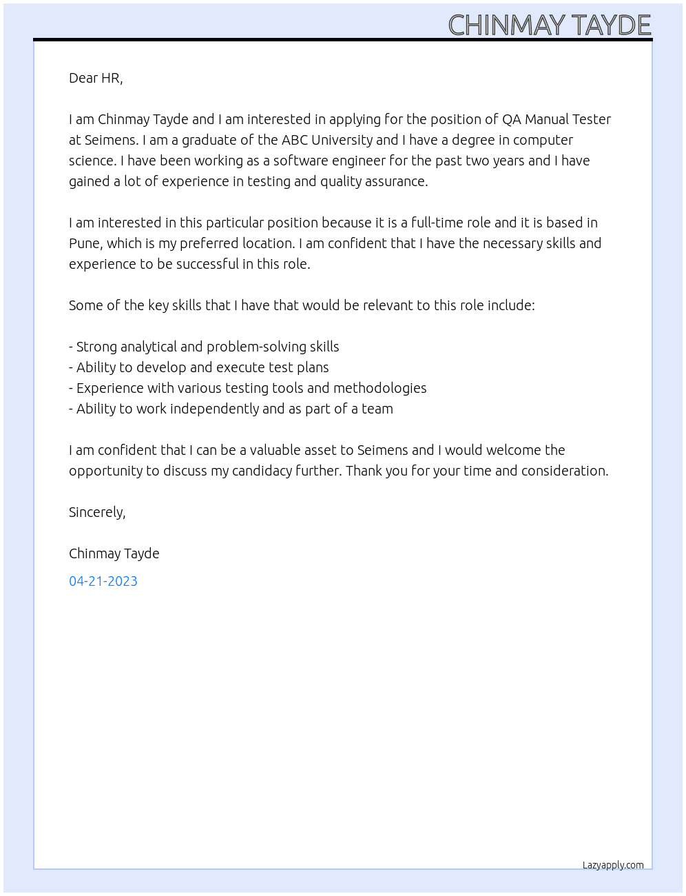 QA Manual Tester At Seimens Cover Letter