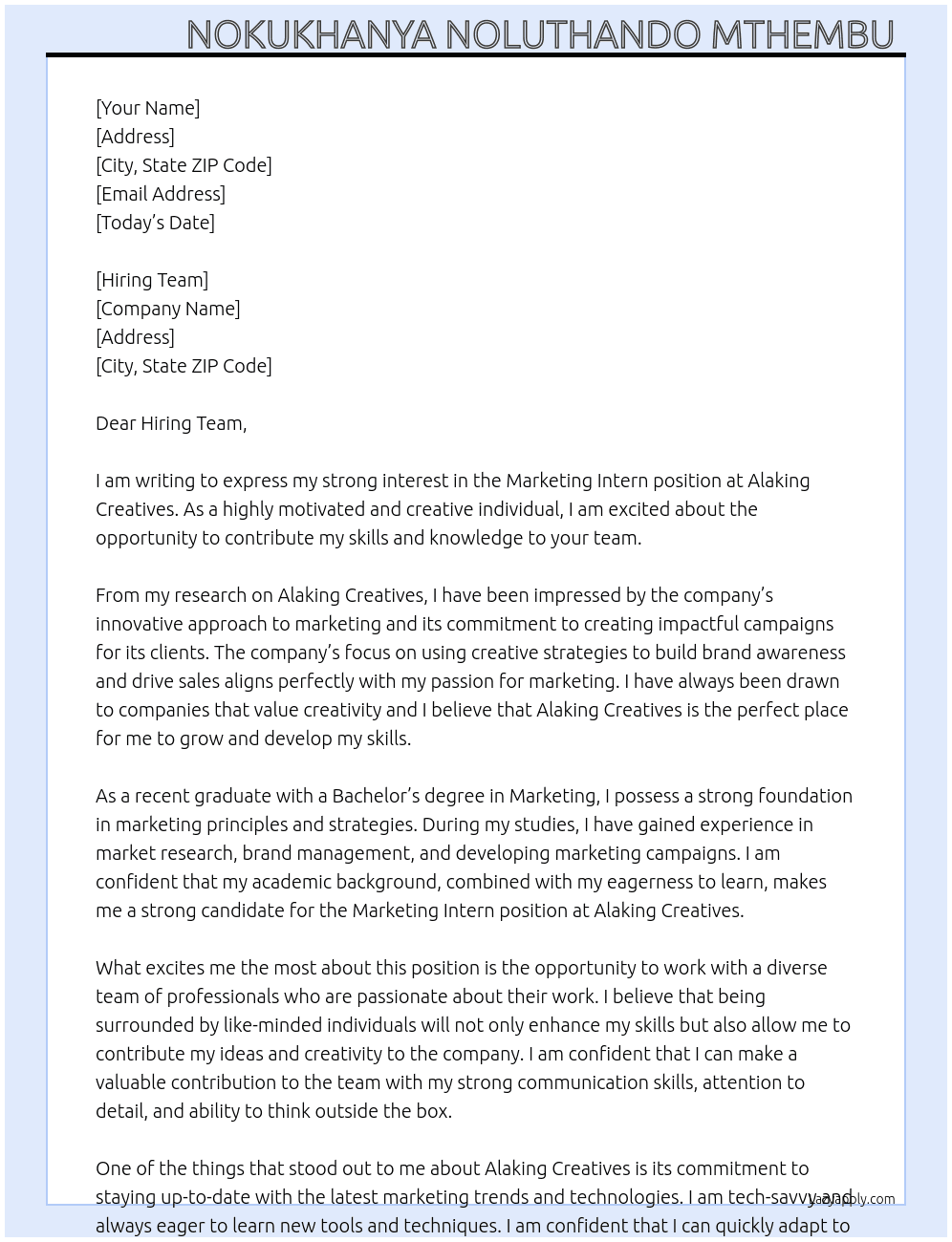 MarketingI ntern At Alaking Creatives Cover Letter