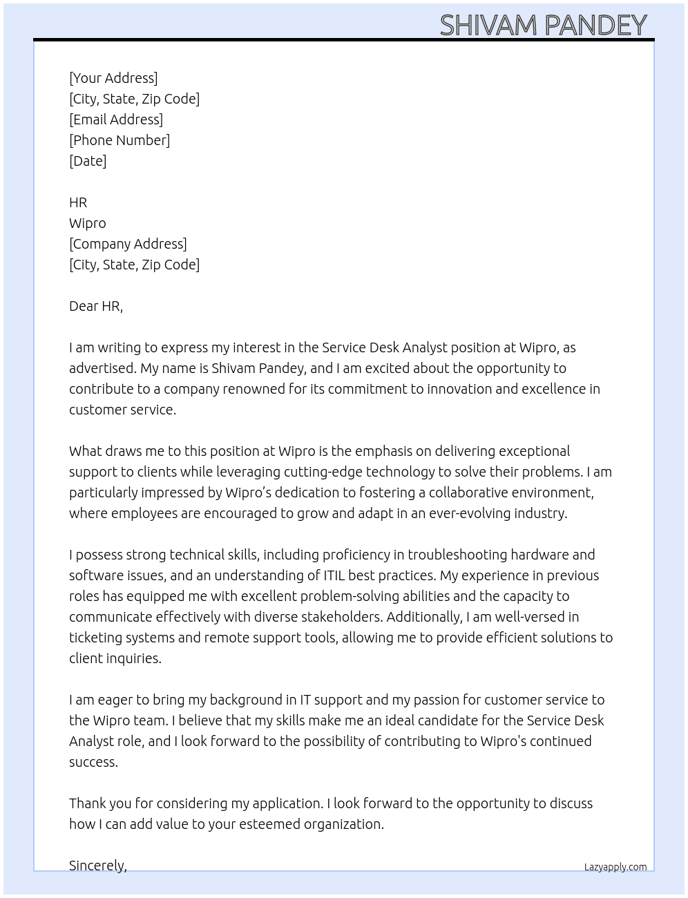 Service desk analyst  At Wipro  Cover Letter