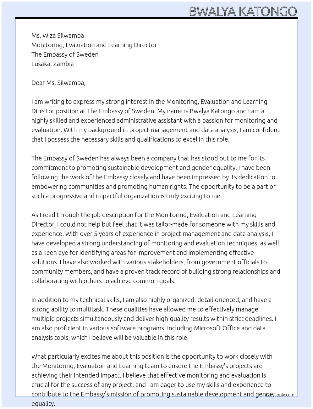 Monitori Administrative Assistantng, Evaluation and Learning Director At The Embassy of Sweden Cover Letter