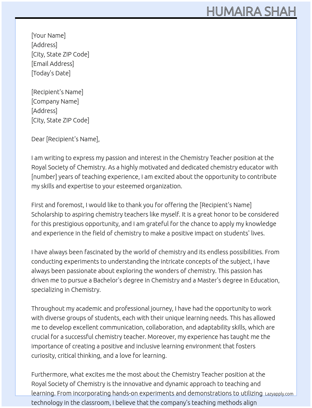 chemistry teacher At Royal society of chemistry Cover Letter
