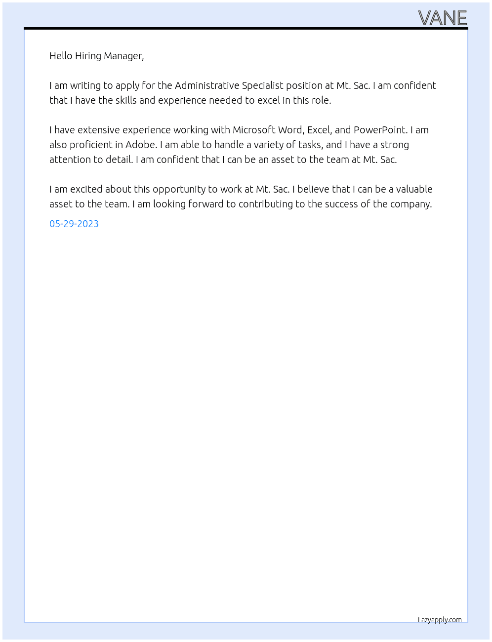 Administrative Specialitst At Mt. Sac Cover Letter