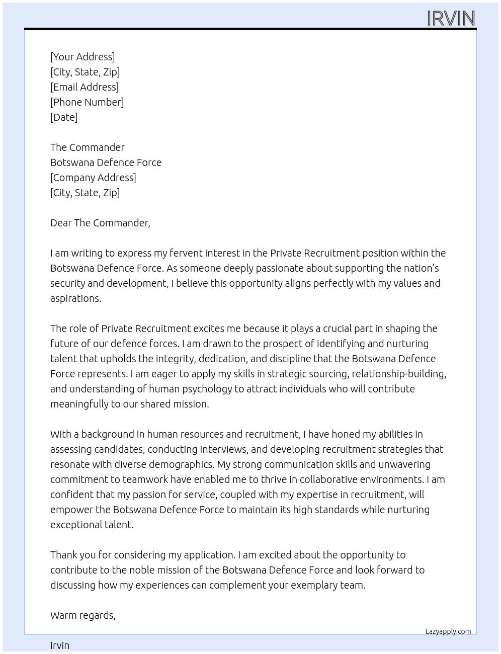 Cover letter for private recruitment - LazyApply