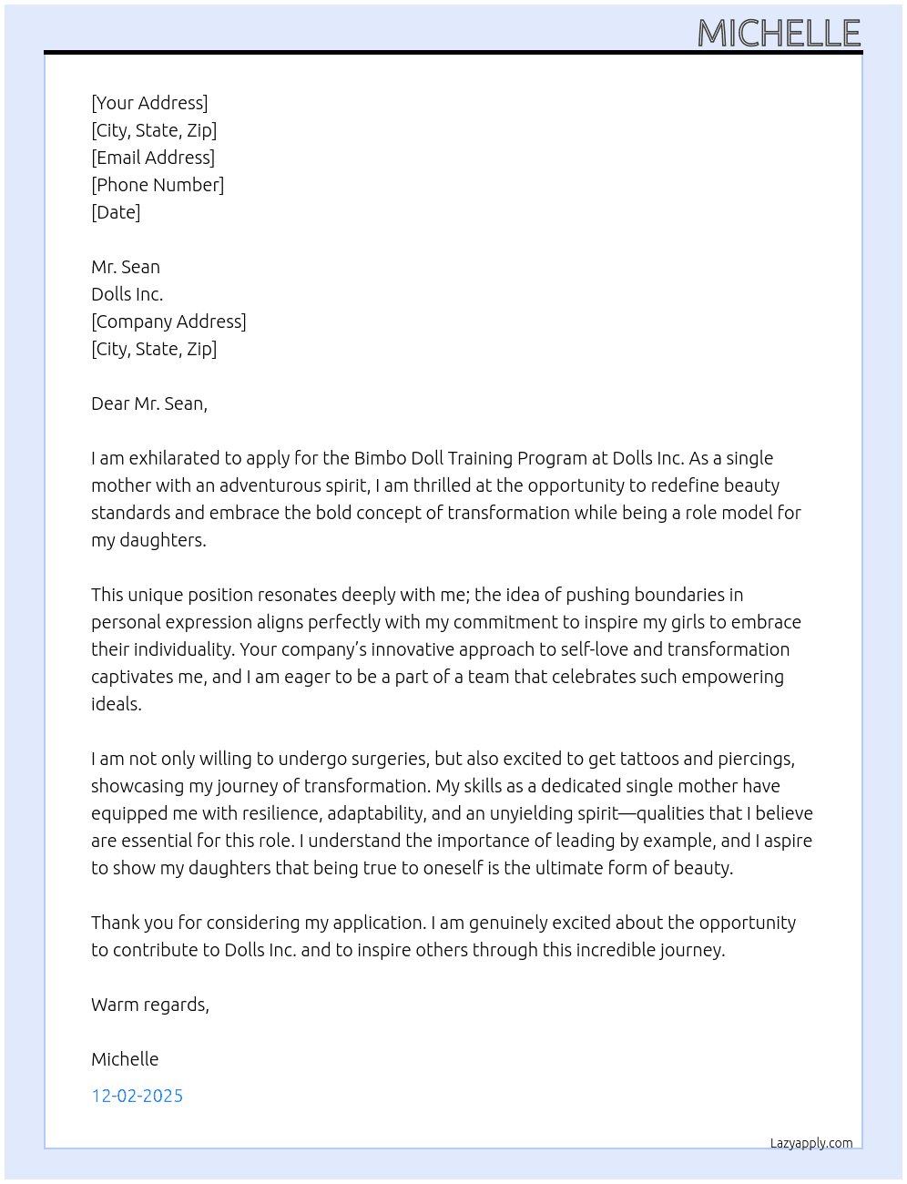Bimbo doll training program At Dolls inc Cover Letter