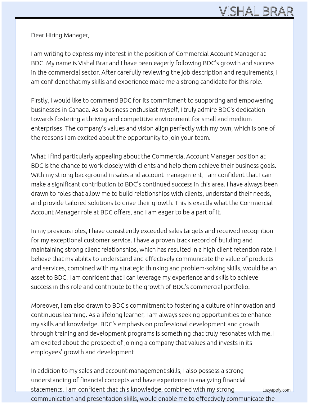 Commercial Account Manager At BDC Cover Letter