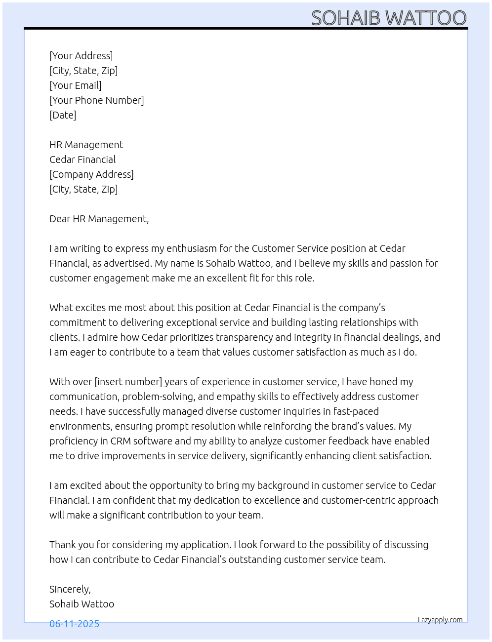 customer service  At cedar financial Cover Letter
