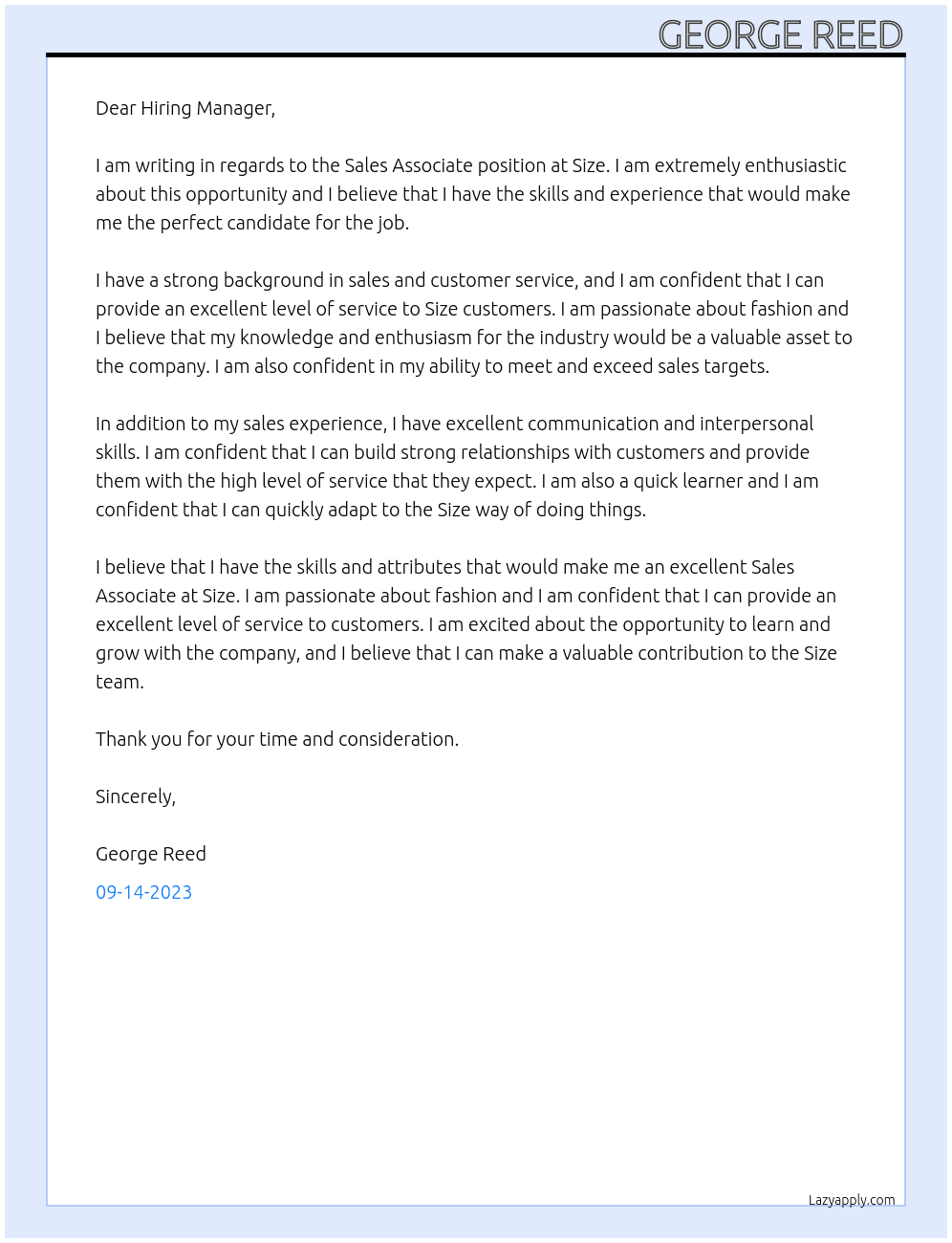 Sales associate At Size Cover Letter