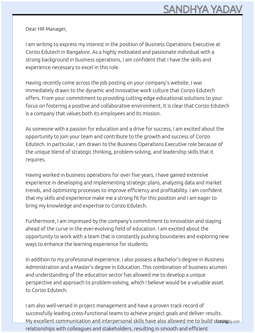 Business operations executive  At Corizo Edutech  Cover Letter
