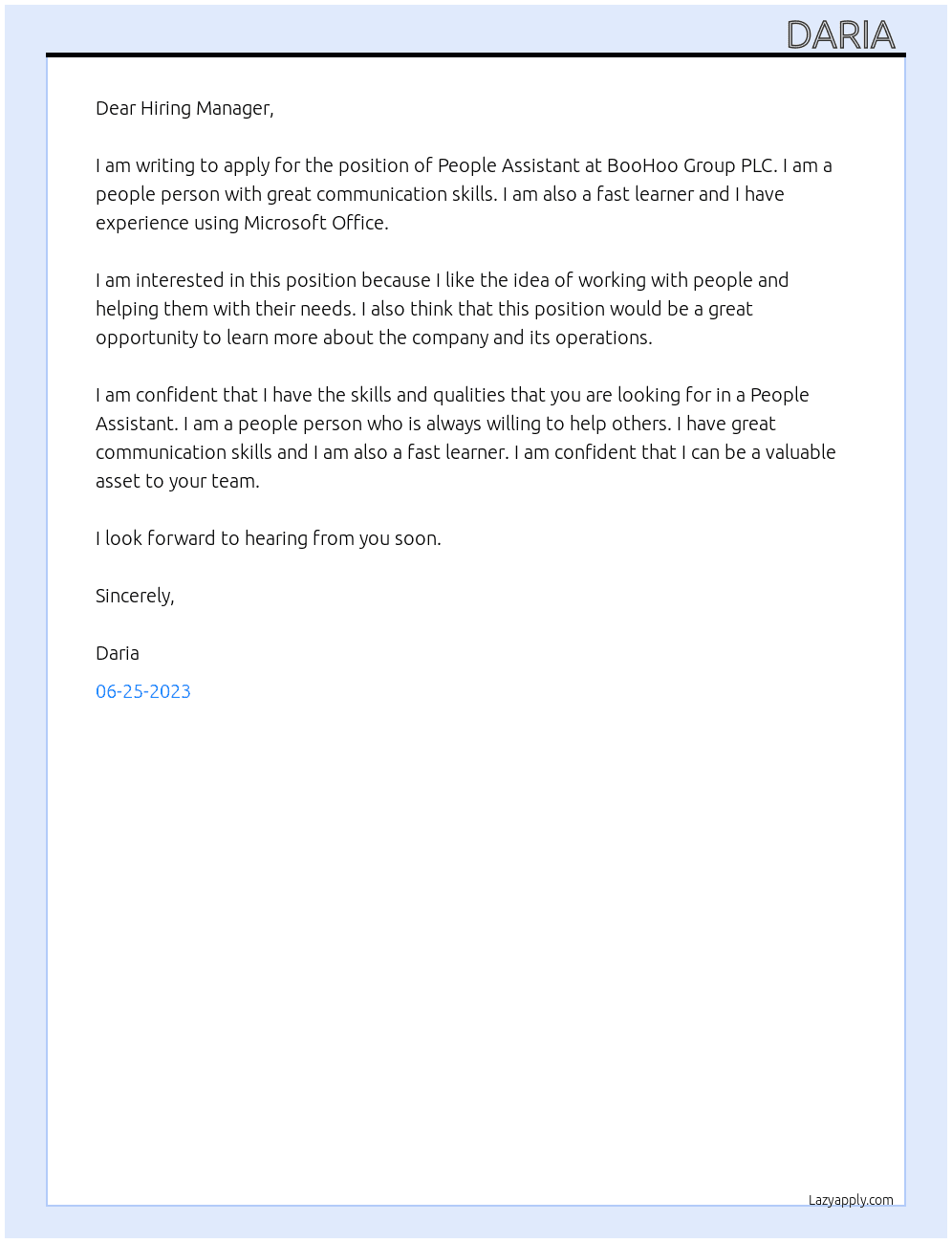 People Assistant  At BooHoo Group PLC Cover Letter