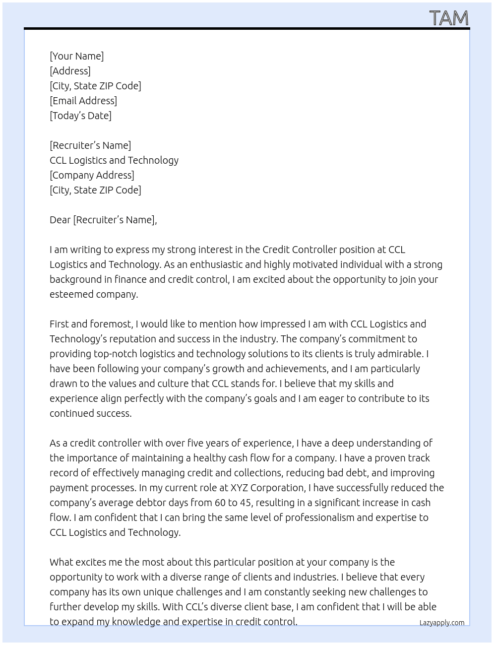 credit controller At CCL Logistics and Technology Cover Letter