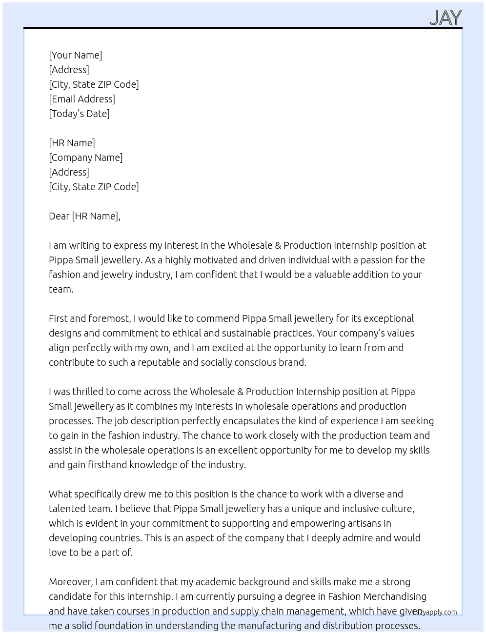 Wholesale & Production Internship At Pippa Small jewellery Cover Letter