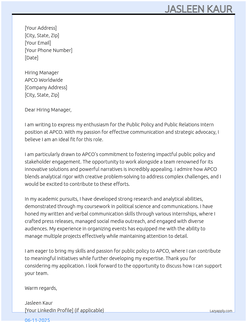 Public policy and public relation intern At Apco Cover Letter