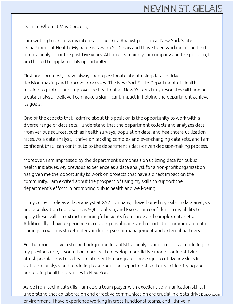 Data Analyst At New York State Department of Health Cover Letter
