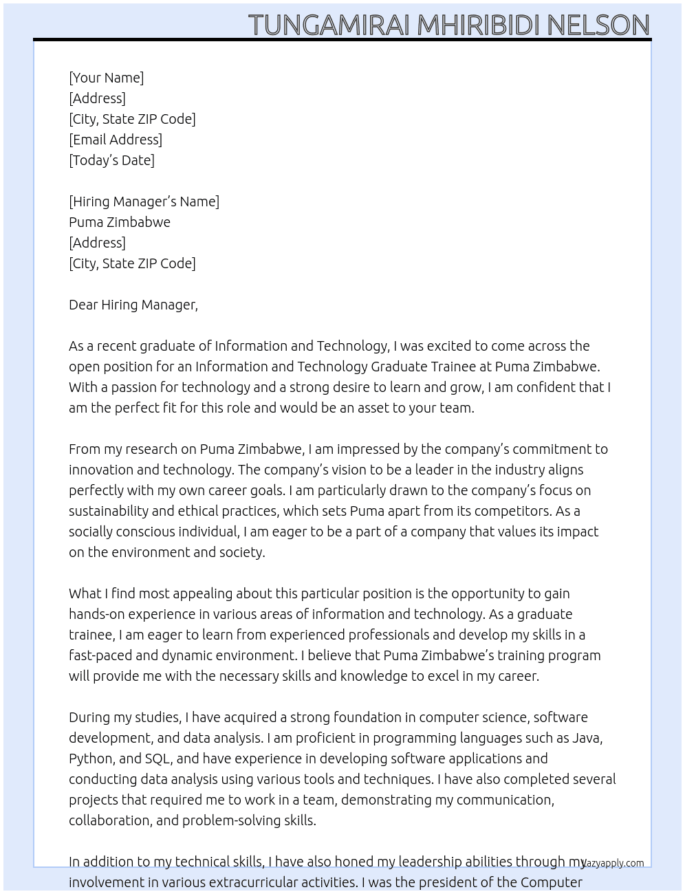 Cover letter for information and technology graduate trainee - LazyApply