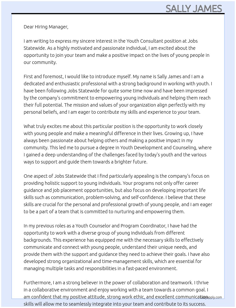 Youth Consultant  At Jobs Statewide  Cover Letter