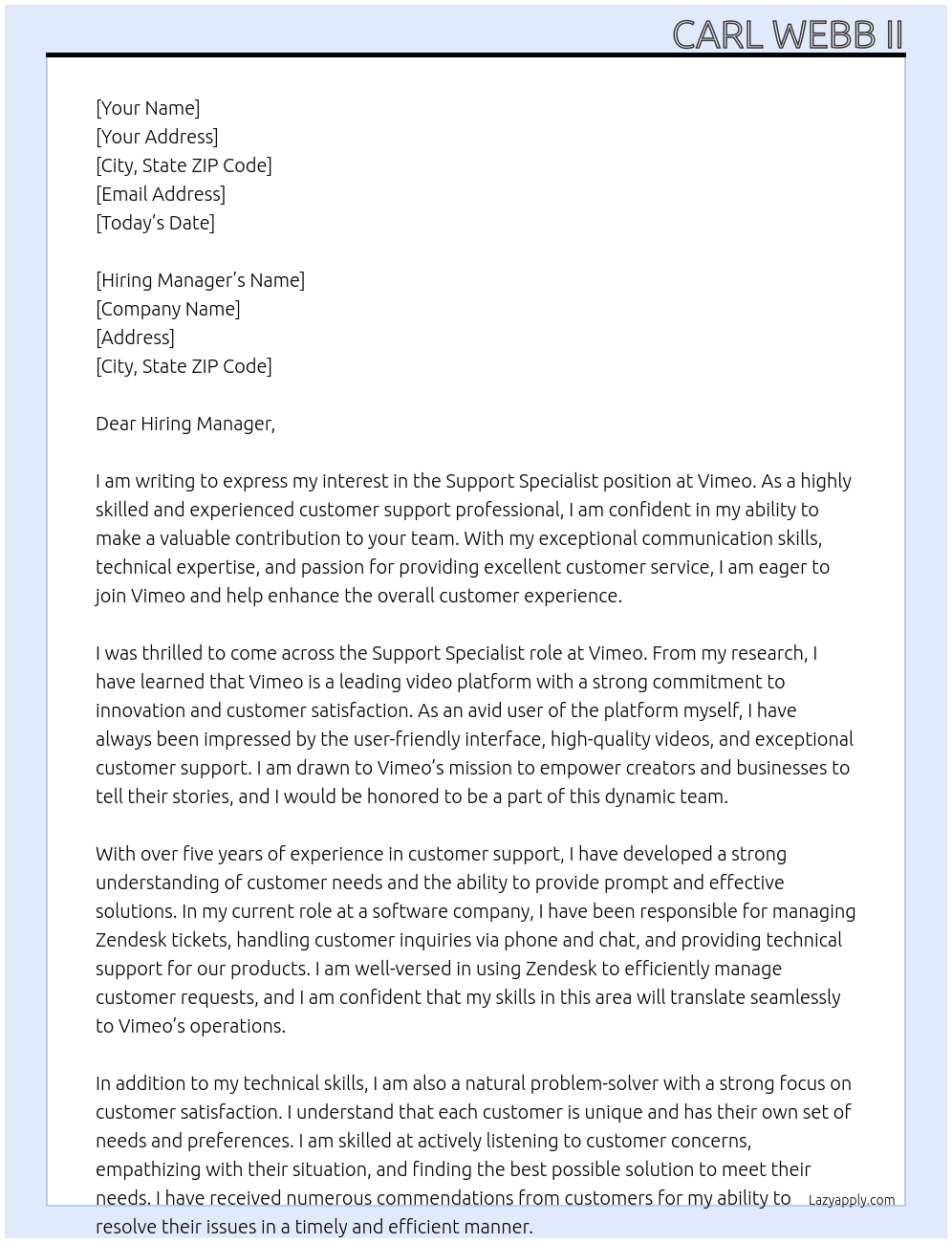 Support Specialist At Vimeo Cover Letter